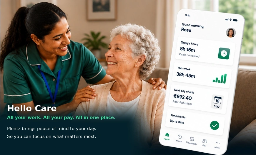 Caregiver supporting an older person at home with the Plentz app shown alongside